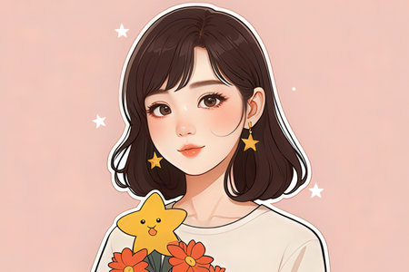 Young asian woman with flower in her hair. Vector illustration.