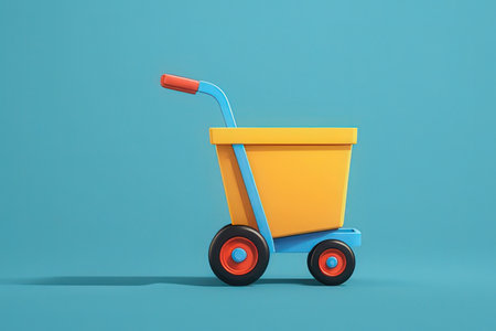 3d rendering of a yellow wheelbarrow on a blue backgroundの写真素材