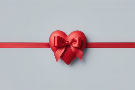 Red heart with red ribbon on blue background. Valentine's day concept.の写真素材