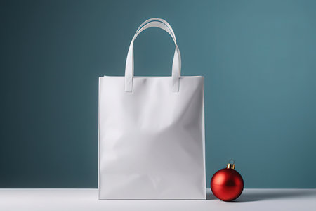 White blank shopping bag with red christmas ball on a blue backgroundの写真素材