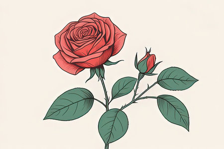 Beautiful red rose on a white background. Vector illustration in sketch style.の写真素材