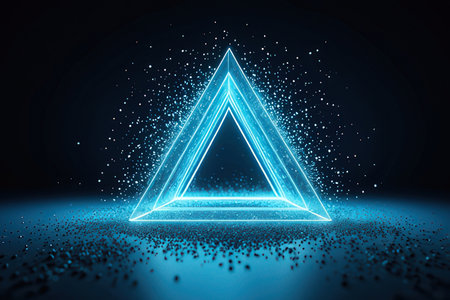 Glowing blue neon triangle on dark background. 3D Rendering