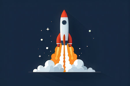 Rocket launch. Vector illustration. Flat design style. Startup concept.