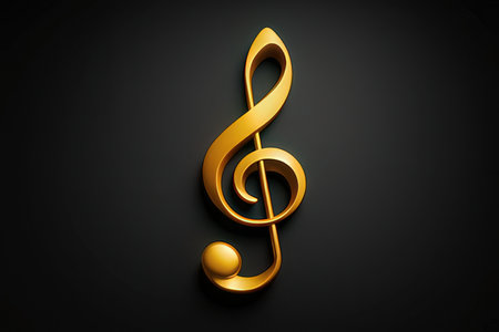 3d illustration of golden treble clef over black background.の写真素材