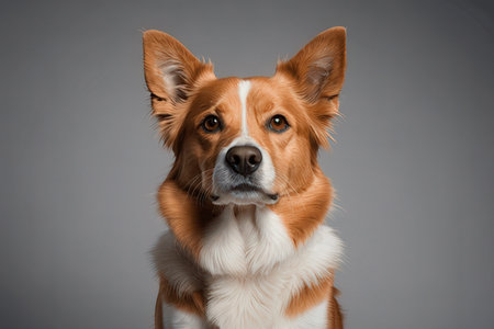Portrait of a cute red Corgi dog on gray backgroundの写真素材