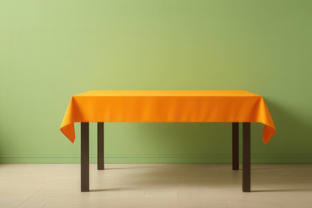 Orange tablecloth on a green wall background. 3d rendering.の写真素材