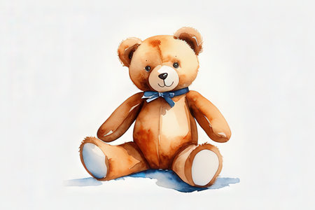 Teddy bear with bow tie on white background. Watercolor illustration.の写真素材