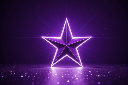 Glowing neon star icon on purple background. 3d rendering.の写真素材