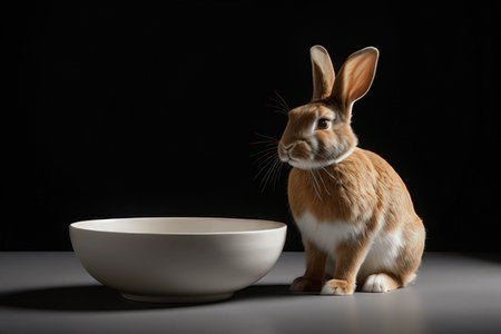 Cute little rabbit and bowl on black background. Animal care conceptの写真素材