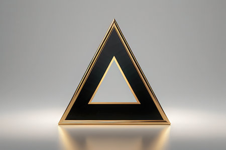3d illustration of black triangle on white background with reflection and shadowの写真素材