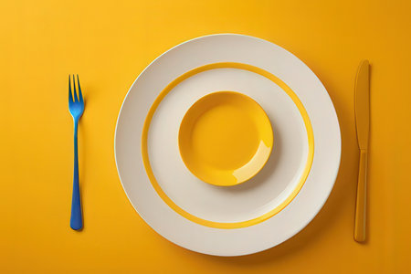 Empty plate with fork and knife on yellow background. Top view.の写真素材