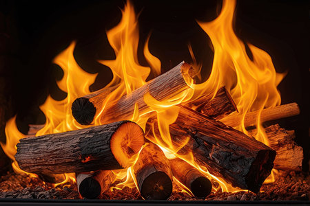 Burning firewood on a black background, close-up.