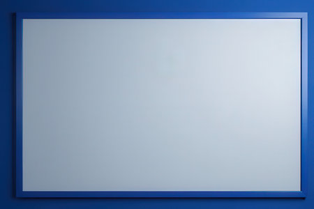 Blank white billboard on blue wall background. Horizontal frame.