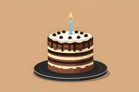 Illustration of a birthday cake with a candle on a brown backgroundの写真素材
