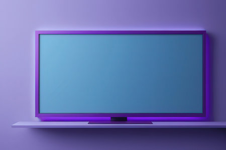 TV on purple wall. 3d rendering. Computer digital drawing.の写真素材