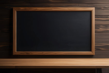 Empty blackboard on a wooden shelf in front of a wooden wallの写真素材