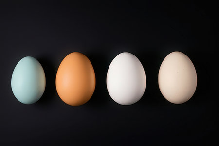Five chicken eggs on a black background. Easter concept. Top view.の写真素材