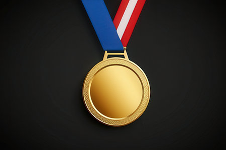 Gold medal with red ribbon on black background. 3D illustration.の写真素材