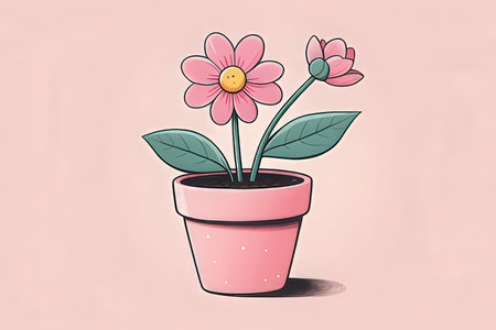 Illustration of a pink flower in a pot on a pink backgroundの写真素材