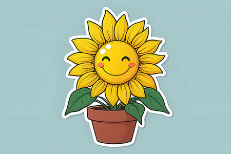 Cute sunflower in a pot on a blue background. Vector illustration.の写真素材