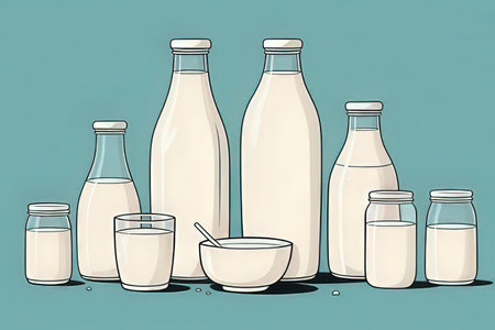 Illustration of a set of different types of milk in glass bottles.の写真素材