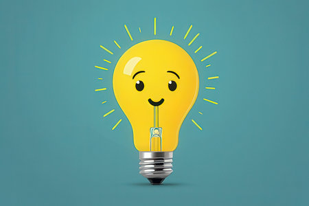 Yellow light bulb with happy face on blue background. 3d renderingの写真素材