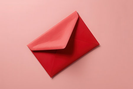 Red envelope on a pink background. Top view. Copy space.の写真素材