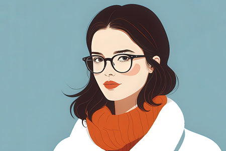 Beautiful young woman in glasses and a warm scarf. Vector illustration.