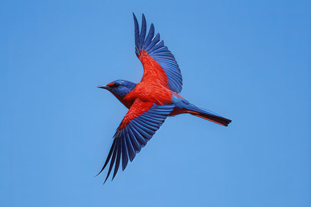 Red-winged red-winged starling in flight against a blue skyの写真素材