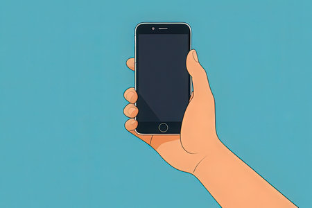 Hand holding smartphone with blank screen on blue background. Vector illustration.の写真素材