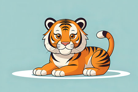 Cute cartoon tiger on a blue background. Vector illustration of a tiger.の写真素材