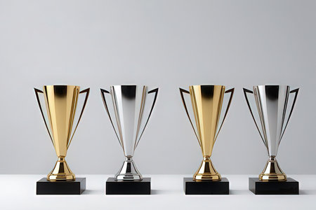 3d render of gold, silver and bronze trophy cups on white backgroundの写真素材