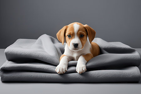 Cute Beagle puppy under blanket on gray background. Studio shot.の写真素材