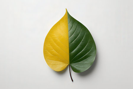 Beautiful green and yellow leaf on white background, top view. Tropical foliage