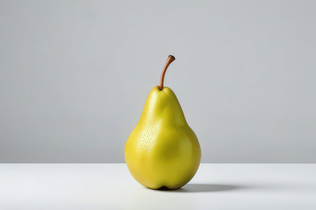Ripe yellow pear on a white table, isolated on gray backgroundの写真素材
