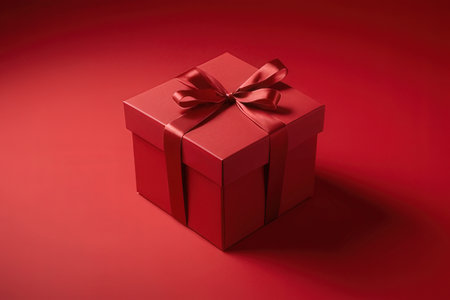 Red gift box with a bow on a red background. 3d rendering