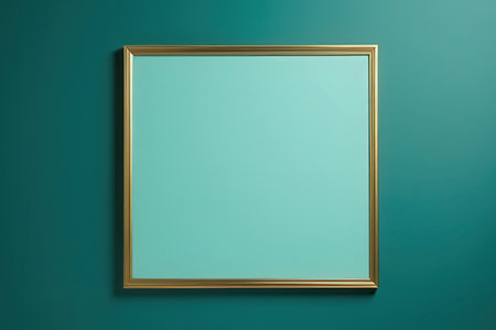 Blank picture frame on blue wall. 3d render illustration.の写真素材
