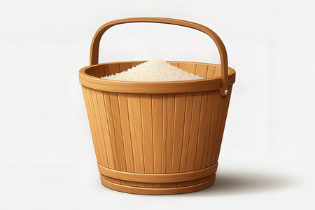 Rice in a wooden basket on a white background. 3d renderingの写真素材