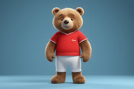 Teddy bear in red t-shirt on blue background. 3D renderingの写真素材