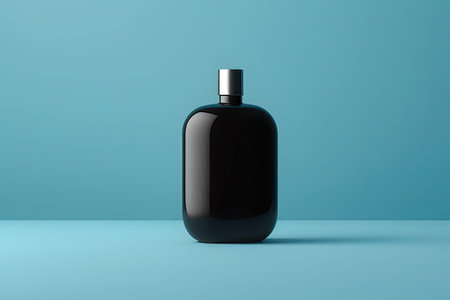 Mockup of black perfume bottle on blue background. 3d renderingの写真素材