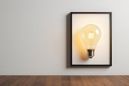 Light bulb in a frame on a white wall. 3d rendering