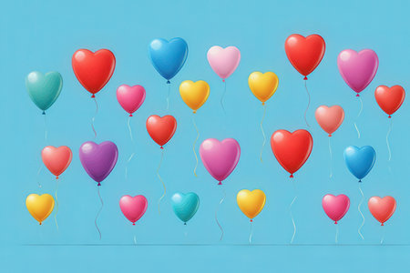 Colorful balloons in the form of hearts on a blue background.の写真素材