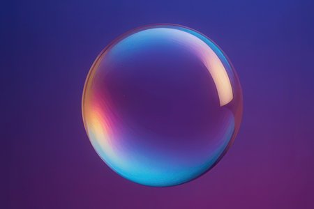 Colorful soap bubble on purple background, 3d rendering. Computer digital drawing.