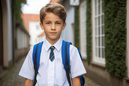 Outdoor portrait of cute schoolboy with backpack, looking at cameraのeditorial素材