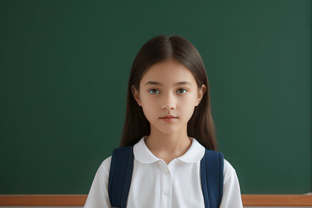 Portrait of cute little schoolgirl against green chalkboard in classroom
