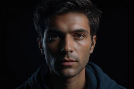 Close-up portrait of a handsome young man on a black backgroundのeditorial素材