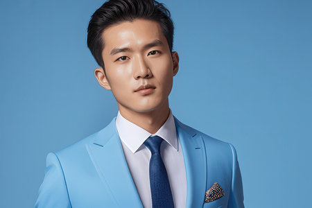 Portrait of handsome young asian man in blue suit on blue backgroundのeditorial素材