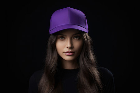 Portrait of a beautiful young woman in a cap on a black backgroundのeditorial素材