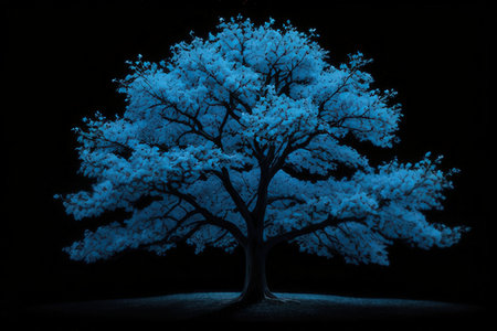 Beautiful winter tree on a black background with a blue light.の写真素材
