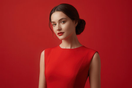 Portrait of beautiful young brunette woman in red dress on red backgroundのeditorial素材